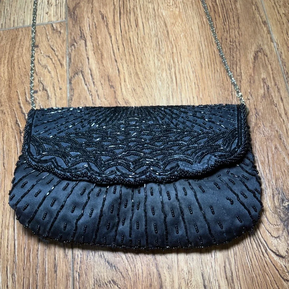 90s La Regale Ltd Black Beaded Evening Bag Satin Clutch Chain Purse handmade